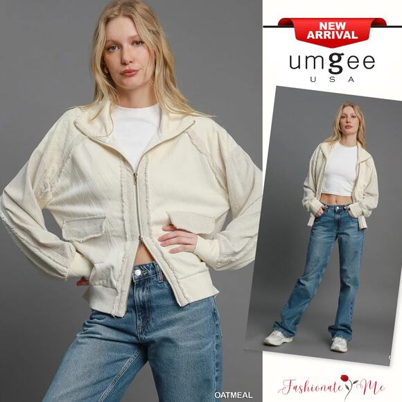 Umgee Two-Way Zip-Up Long Sleeves Front Pockets Loose Jacquard Jacket | Oatmeal - Picture 1 of 6